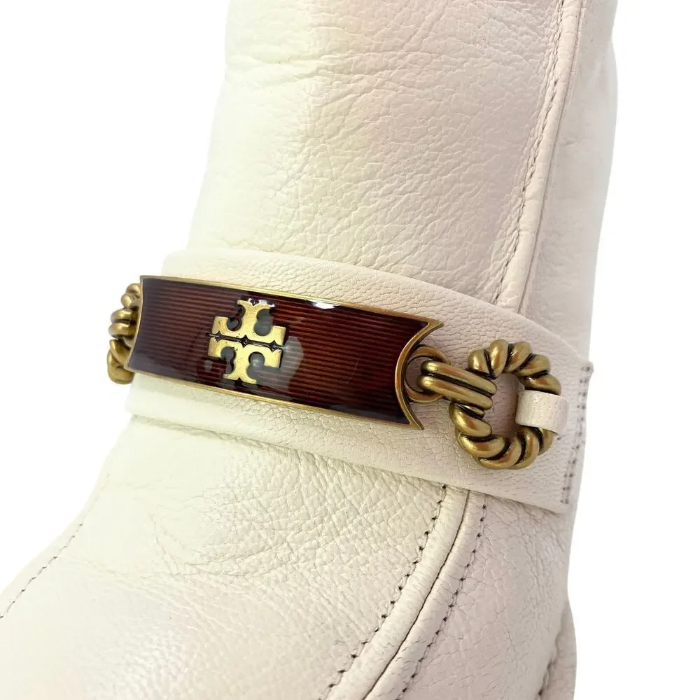Tory Burch Logo Boots Tall Ivory Genuine Leather Knee High Size 6 Box Bag Incl